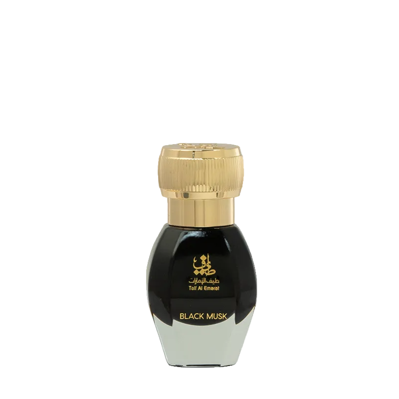 Musc noir Taif Al Emarat, parfum solide de 1 Tola, illustration de la boîte et du parfum noir en pot.