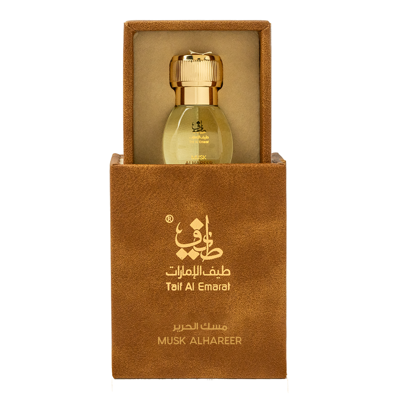 Musk Al Hareer Taif Al Emarat, parfum en poudre de 1 Tola, contenant du musc blanc et des notes florales, dans un flacon élégant